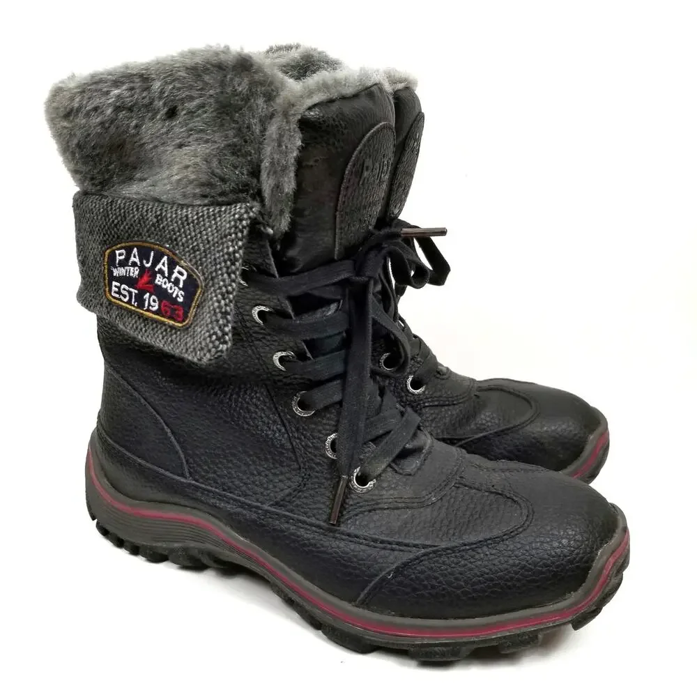Pajar Canada Women's Alice Black Leather Winter Rain Snow Boots Size 8-8.5